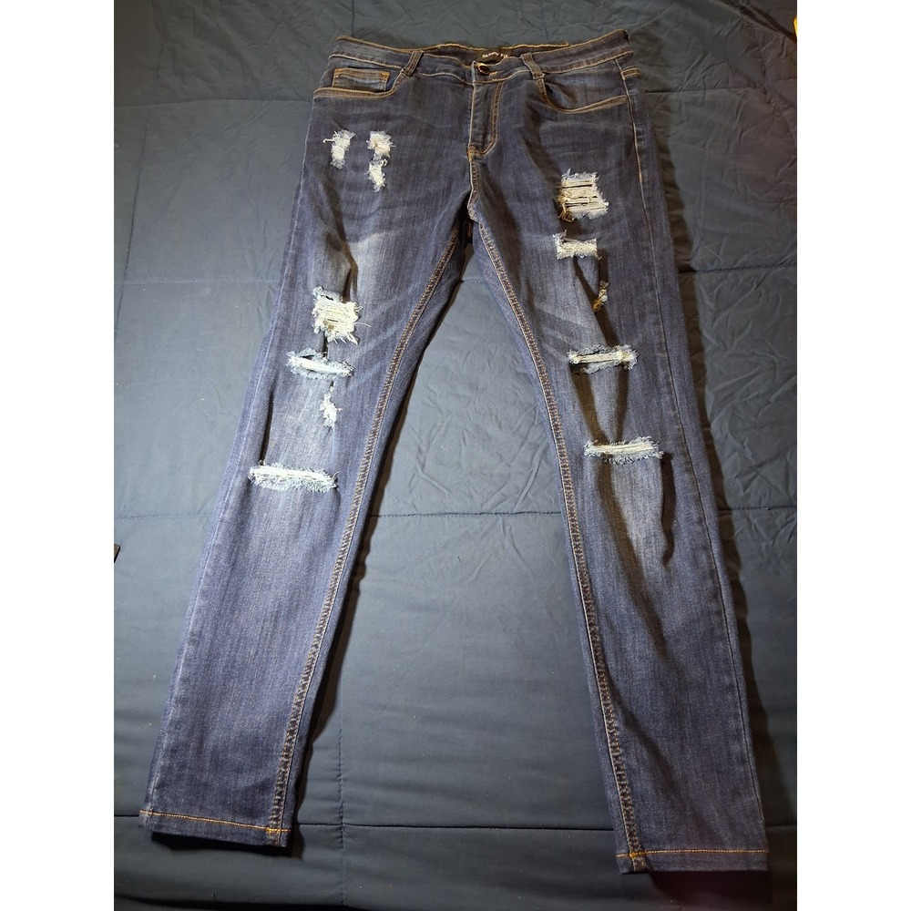 Skinny Fit Distressed Ripped Denim Jeans Dark Wash Mens Size 32‎